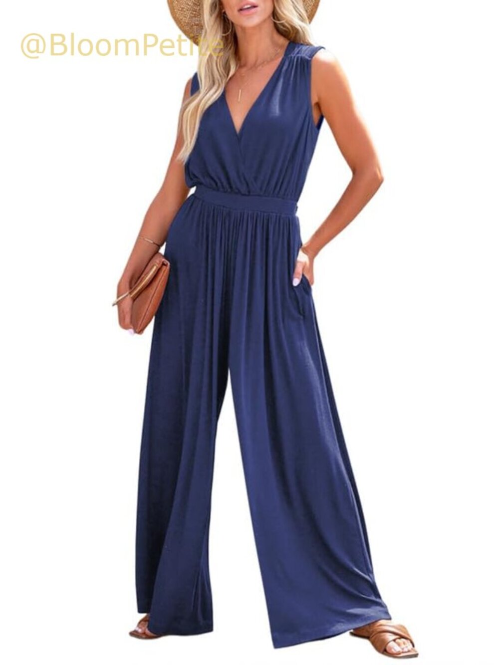 Sleeveless Jumpsuit Dressy Casual One Piece Romper V-Neck Wide Leg